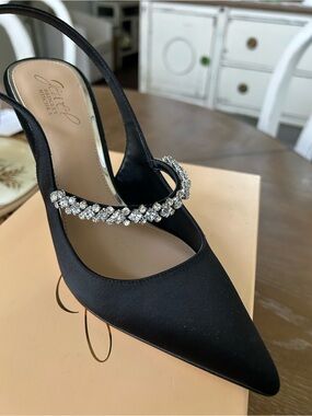 Badgley Mischka Black Satin Pointed Slingback Pump with Crystal Strap